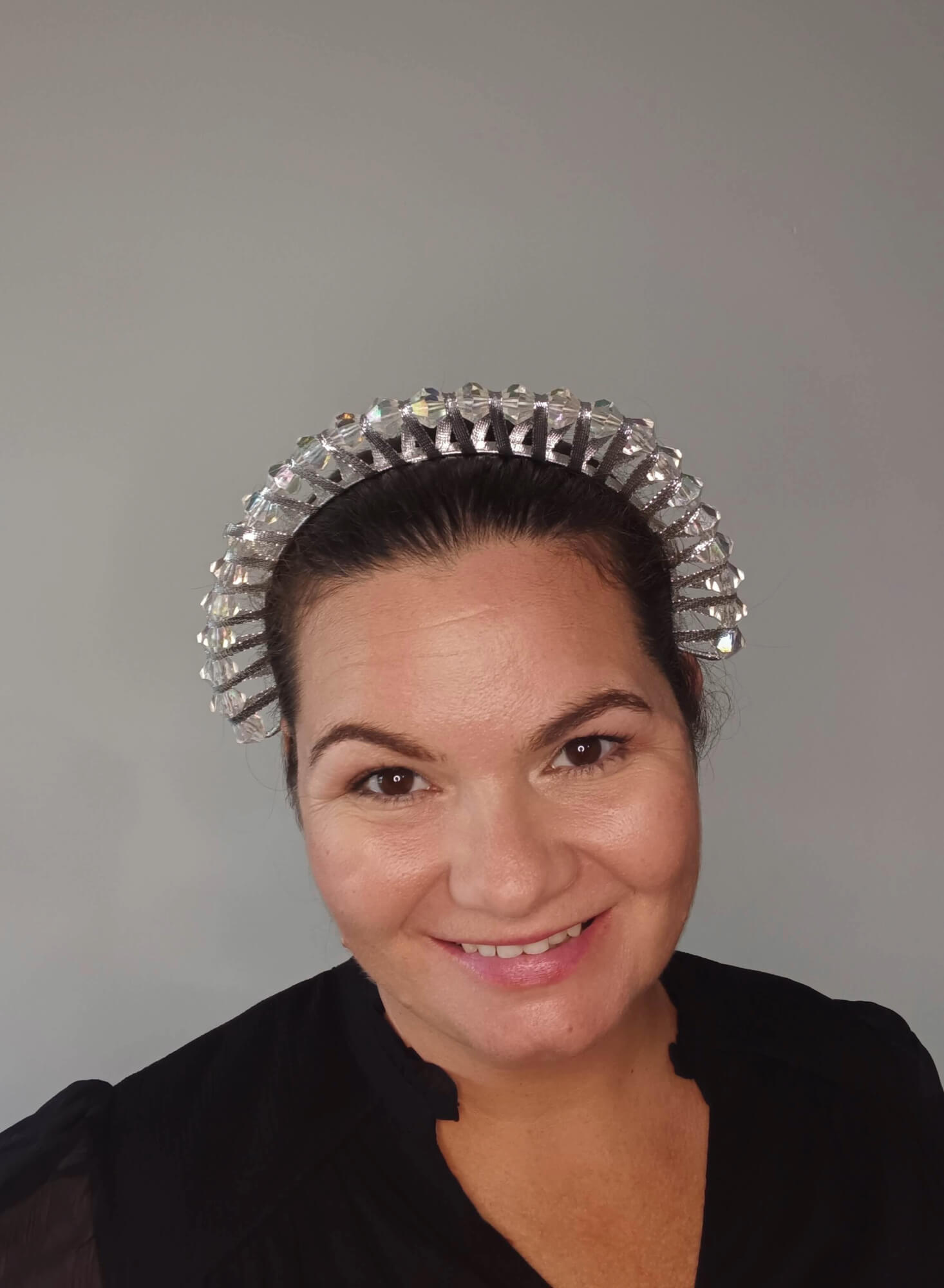 A picture of a Silver Beaded Ribbon Millinery Headband by Melissa Rath Millinery.