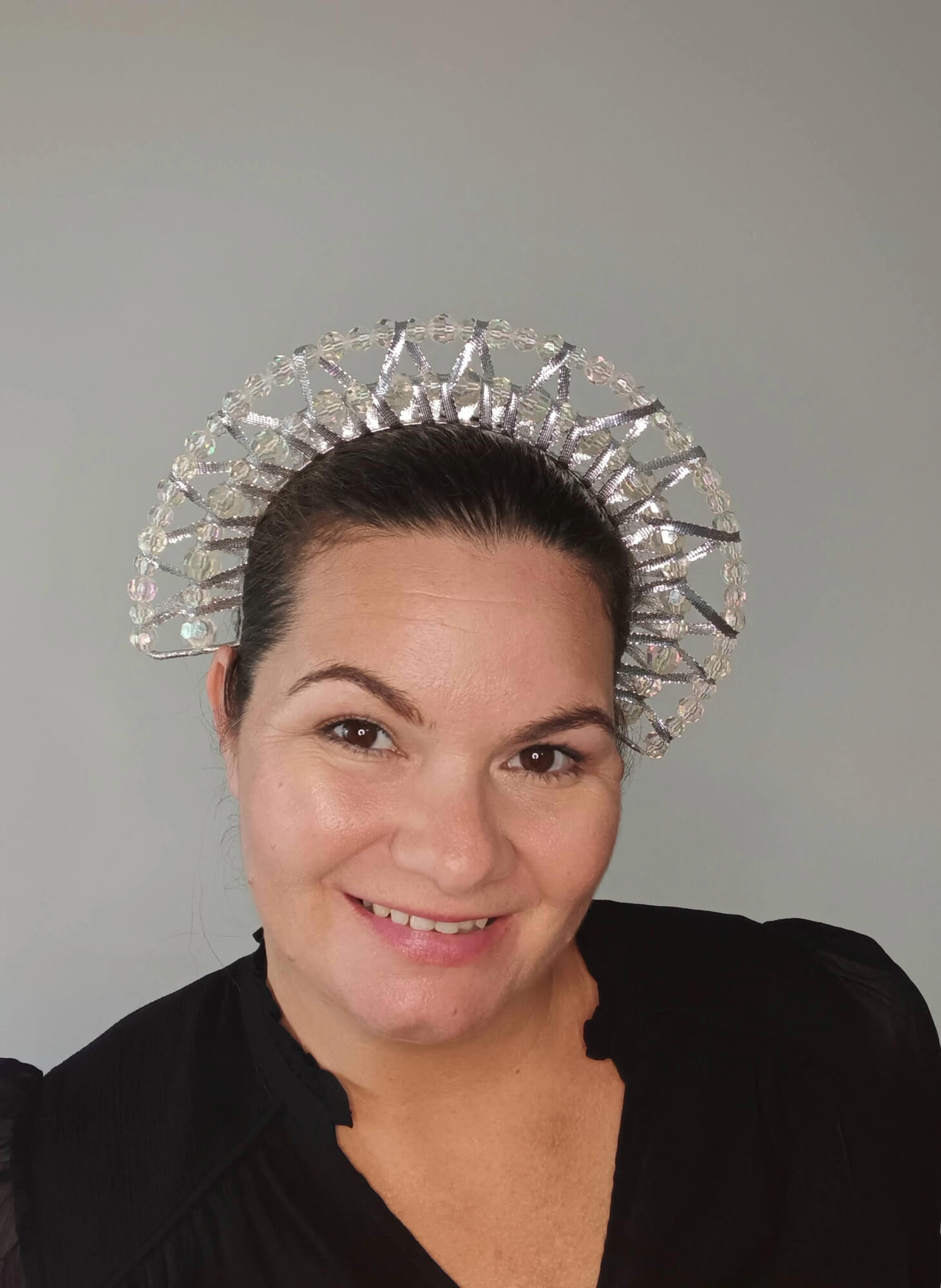A picture of a Silver Double Ribbon Beaded  Millinery Headband by Melissa Rath Millinery.