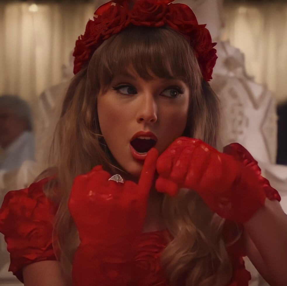 A picture of Taylor Swift wearing a millinery crown.