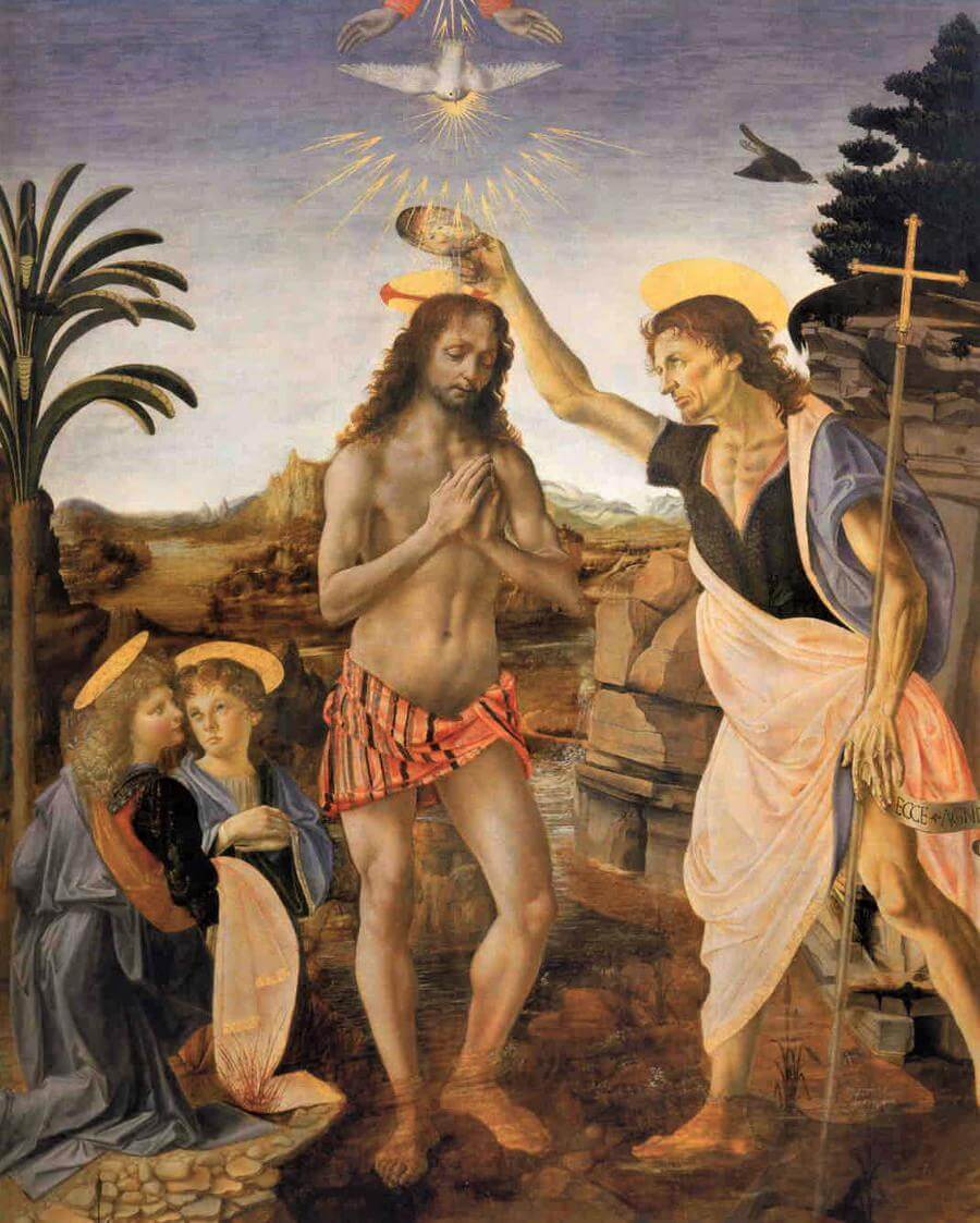 A picture of "The Baptism of Christ", painted by Verrocchi and Leonardo Da Vinci, circa 1745.