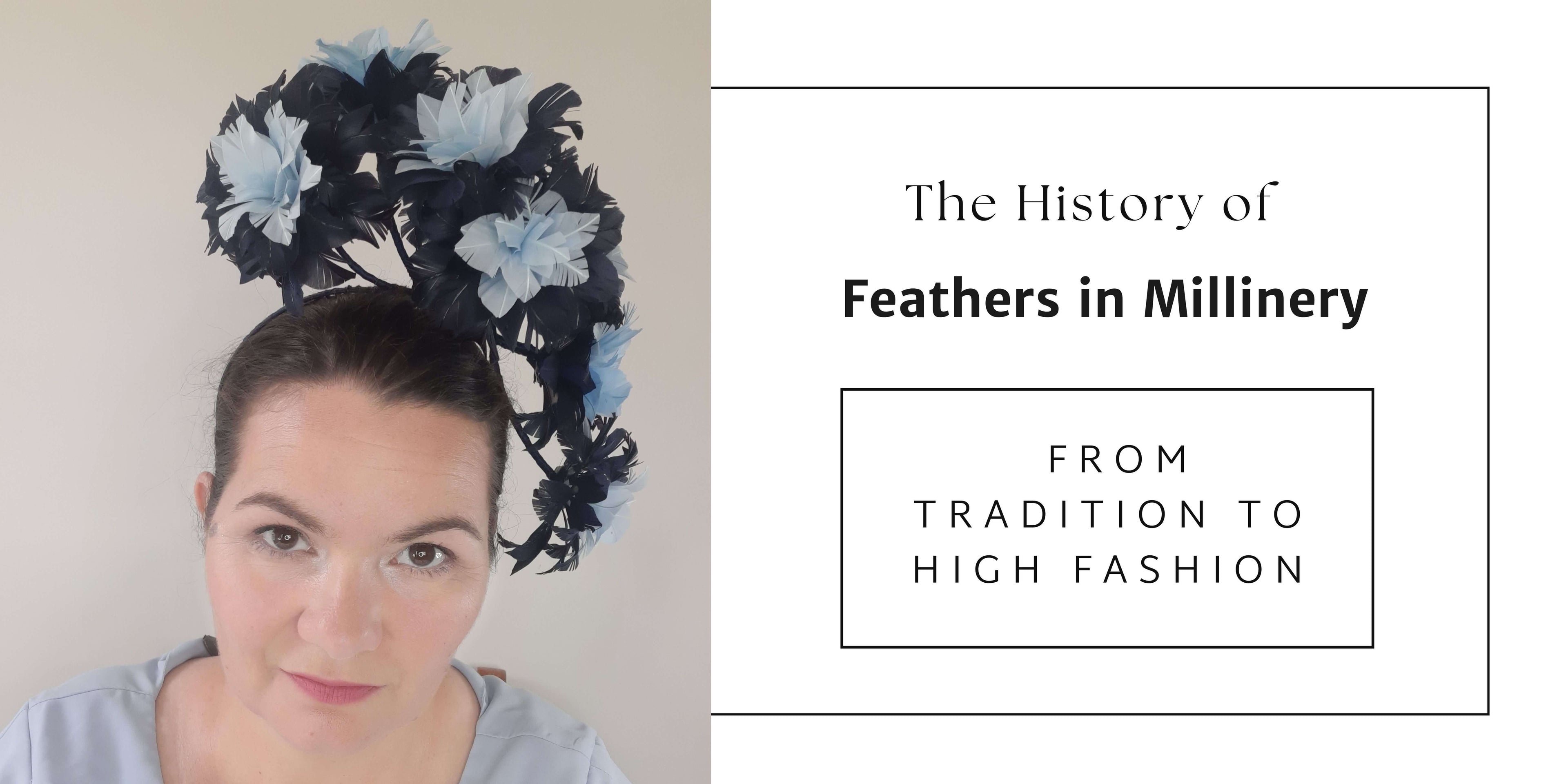 A blog banner for a blog post about teh history of feathers by Melissa Rath Millinery