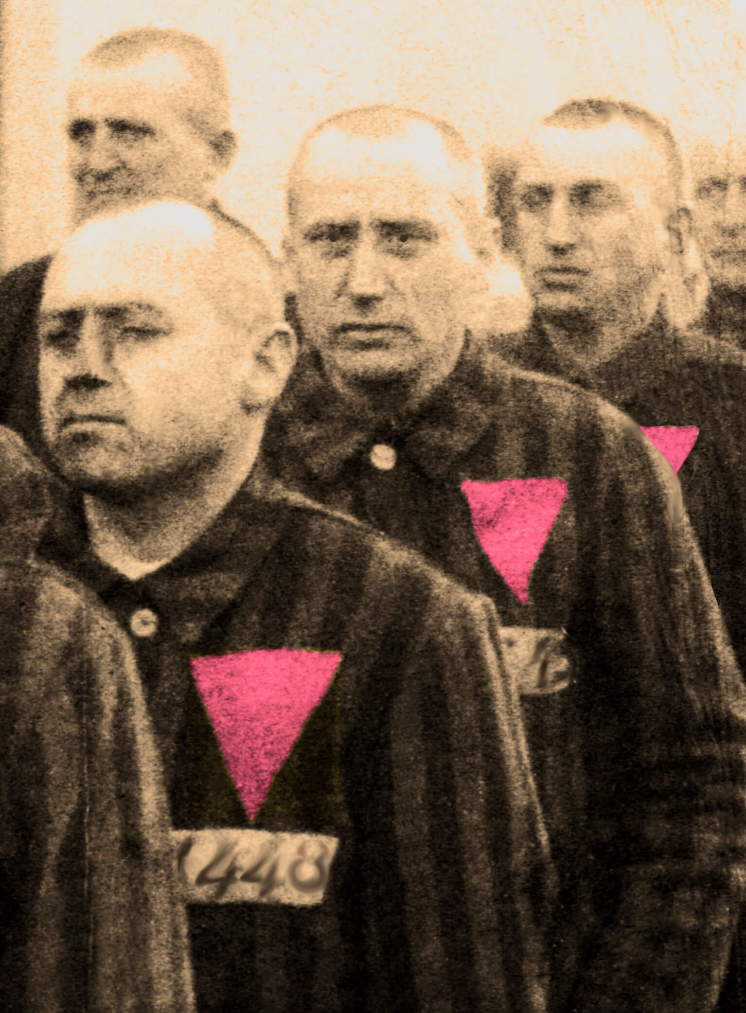 A picture of victims of the holocaust and the pink triangle on men in the concentration camps during World War II