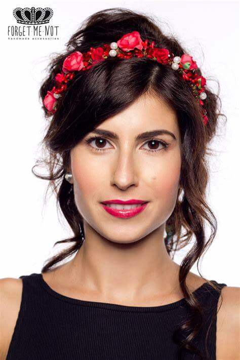 A picture of a hair style suggestion for the Red Pleather Heart Headband by Melissa Rath Millinery.