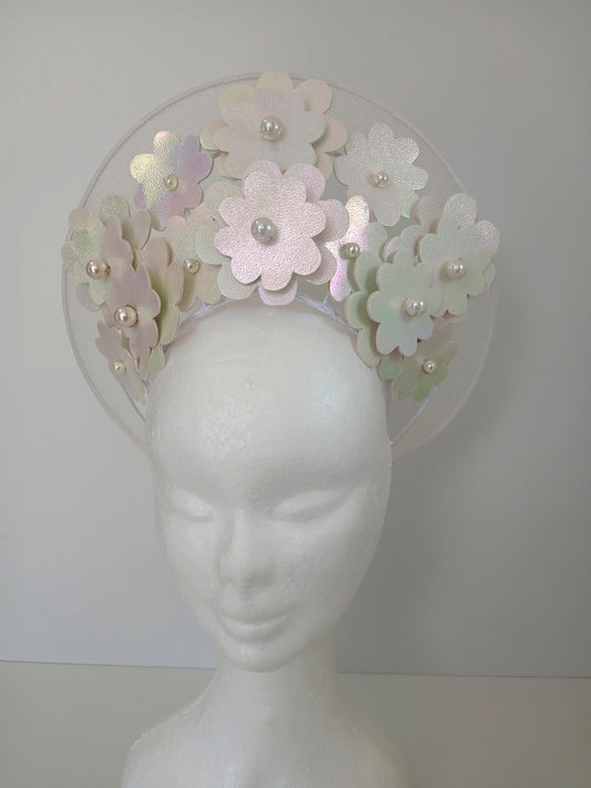 A picture of a White Pleather and Crinoline Millinery Halo Crown by Melissa Rath Millinery.