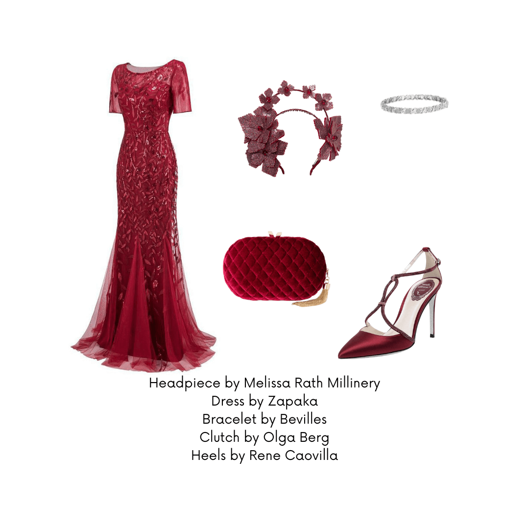 A picture of a white tie outfit suggestion for a blog post about styling the Red Pleather Millinery Collection by Melissa Rath Millinery.