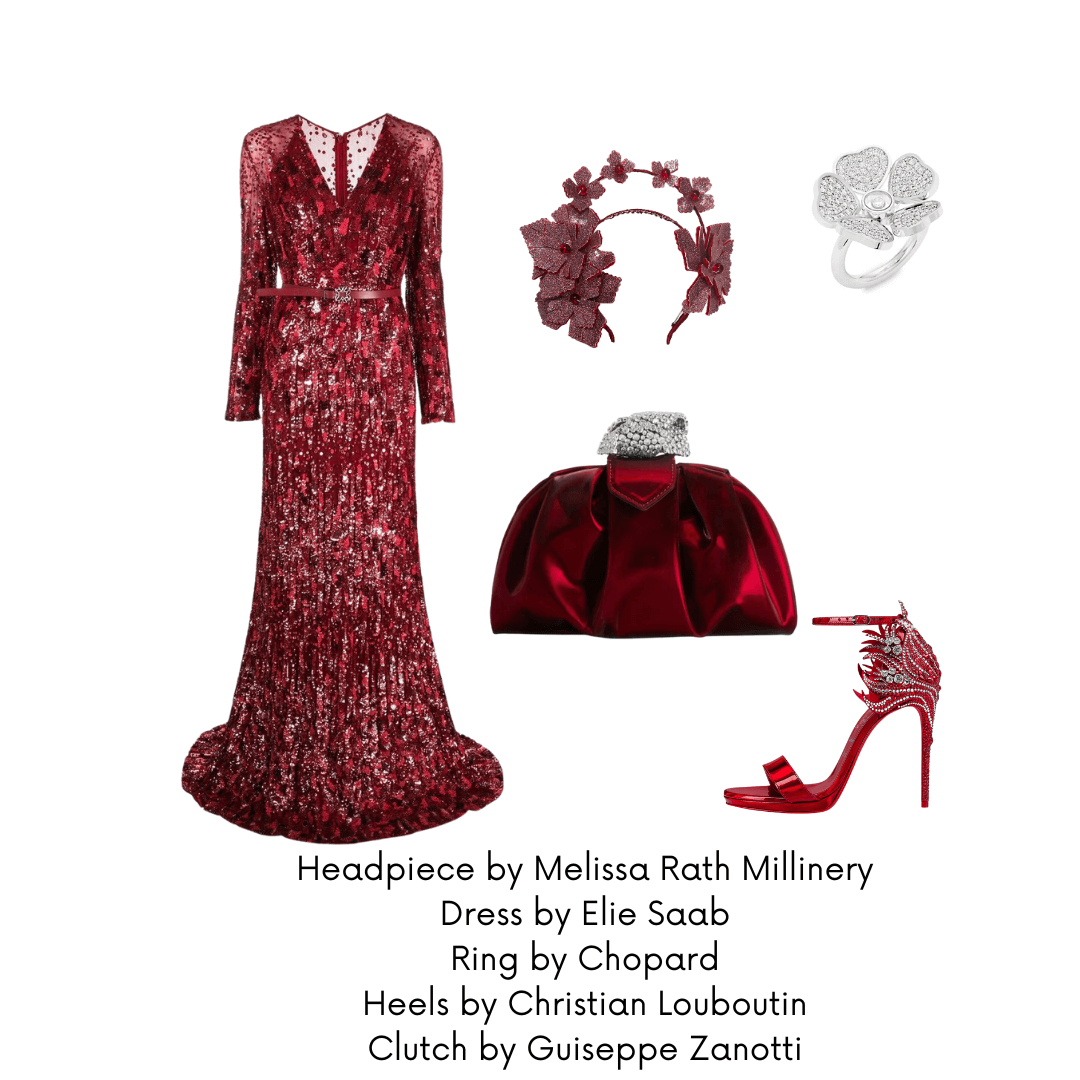 A picture of a white tie outfit suggestion for a blog post about styling the Red Pleather Millinery Collection by Melissa Rath Millinery.