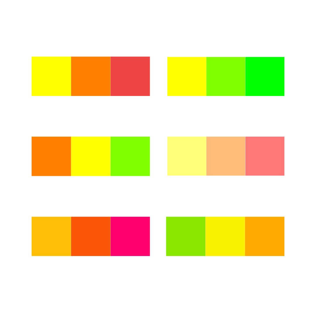 A picture of colour combinations for a yellow analogous colour scheme.