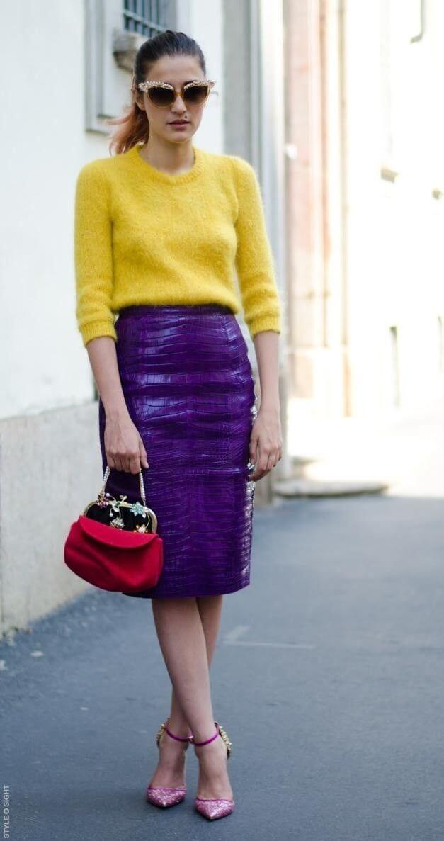 A picture of a woman wearing an outfit in a yellow complementary colour scheme.