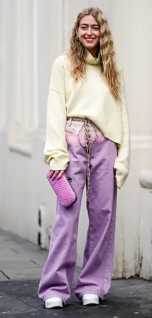 A picture of a woman wearing an outfit in a yellow complementary colour scheme.