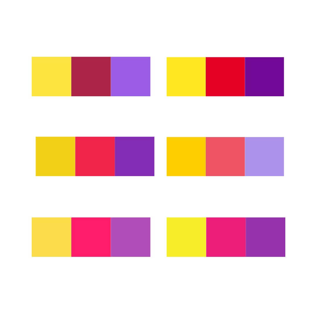 A picture of colour combinations for a yellow split complementary colour scheme.