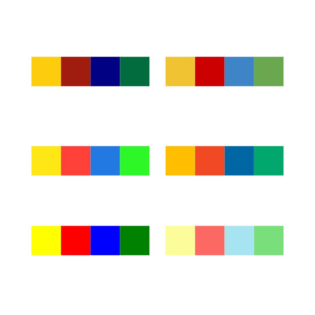 A picture of colour combinations for a yellow square colour scheme.