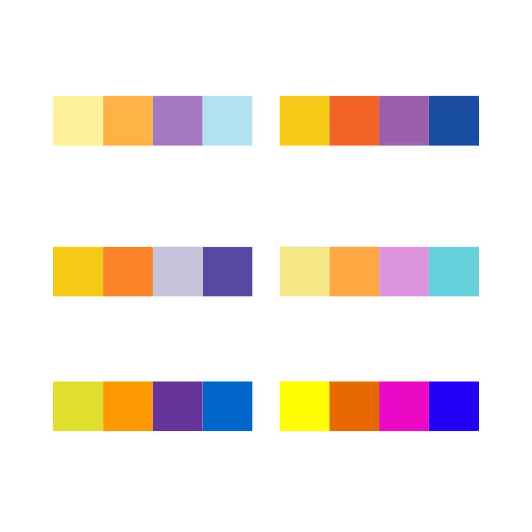 A picture of colour combinations
 for a yellow tetradic colour scheme.