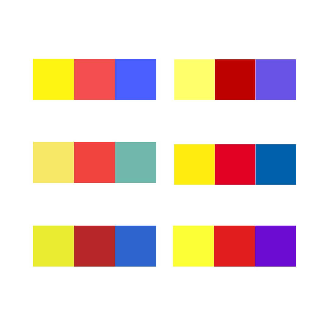 A picture of colour combinations for a yellow triadic colour scheme.