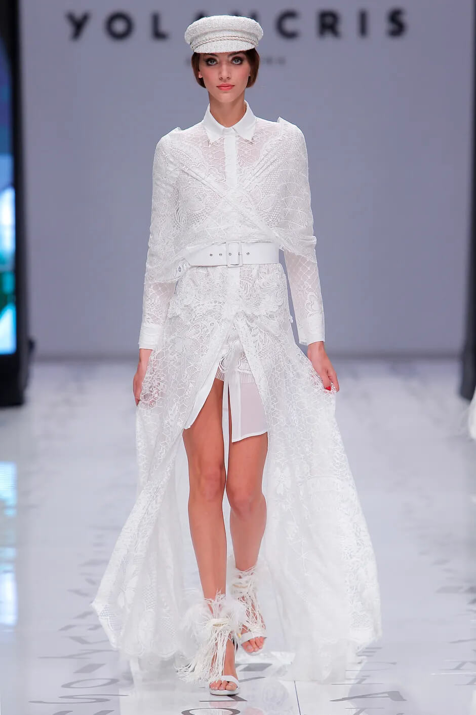 A picture of a model on the catwalk for the Yolan Cris Bridal 2020 catwalk show.