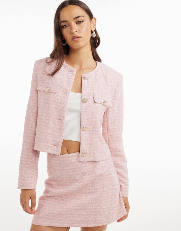 A picture of the Your Girl Tweed Cropped Blazer by Dazie, available at The Iconic
